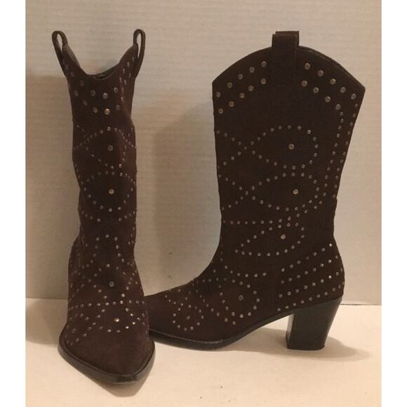 BROWN SUEDE COWBOY BOOTS  STUDDED BRONZE LIKE NEW - Picture 7 of 8